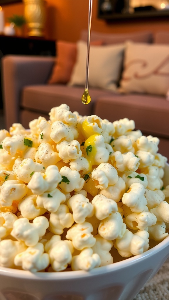 Gourmet popcorn with truffle oil and Parmesan cheese in a cozy living room setting.